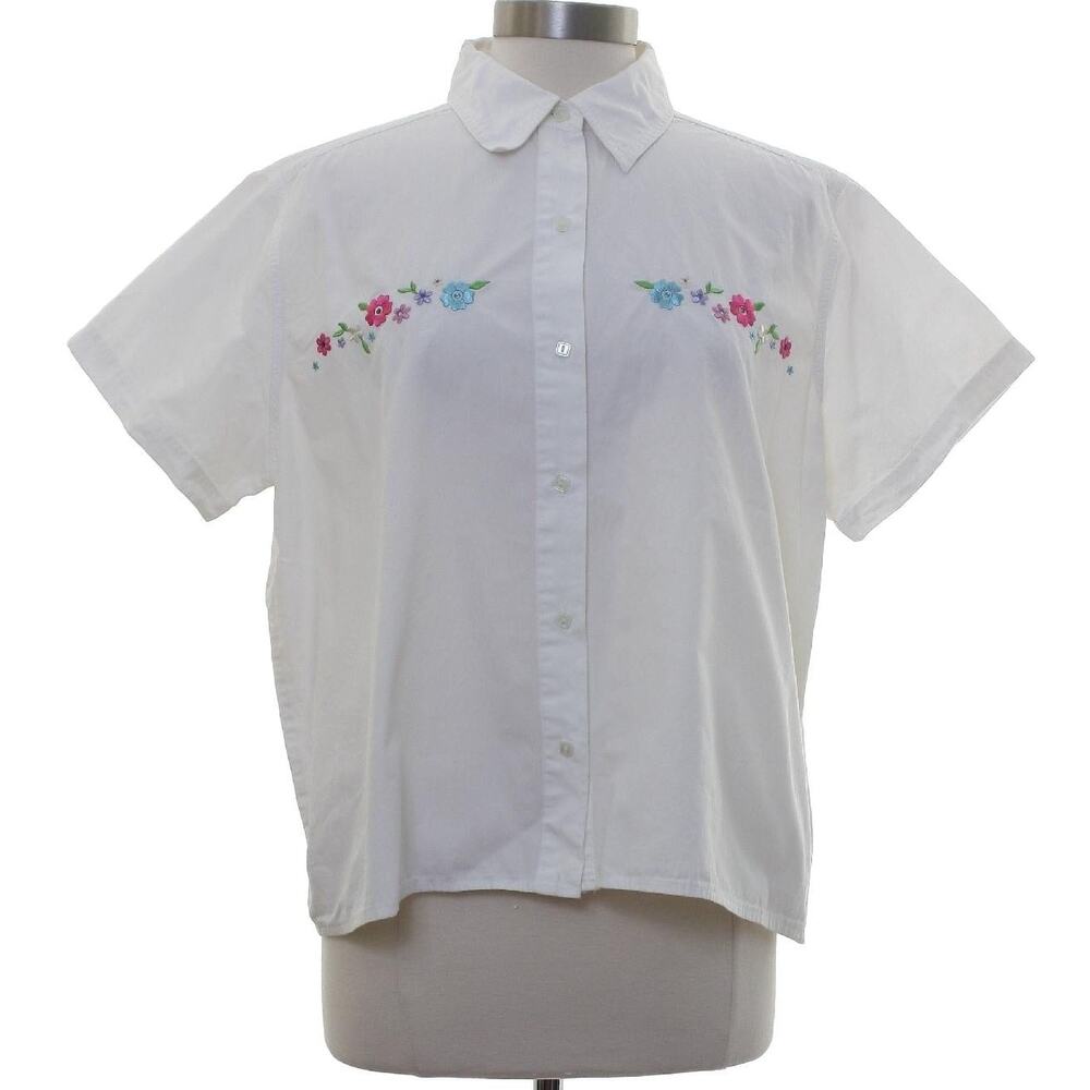 Vintage 90s White Embroidered Floral Cotton Button Front Blouse Women's M/L